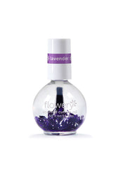 Front view of 14mlBottle of lavender cuticle oil from Flowery with flower-inspired label